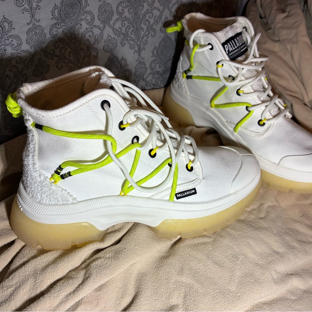 Palladium White and Neon Yellow High-Top Sneakers